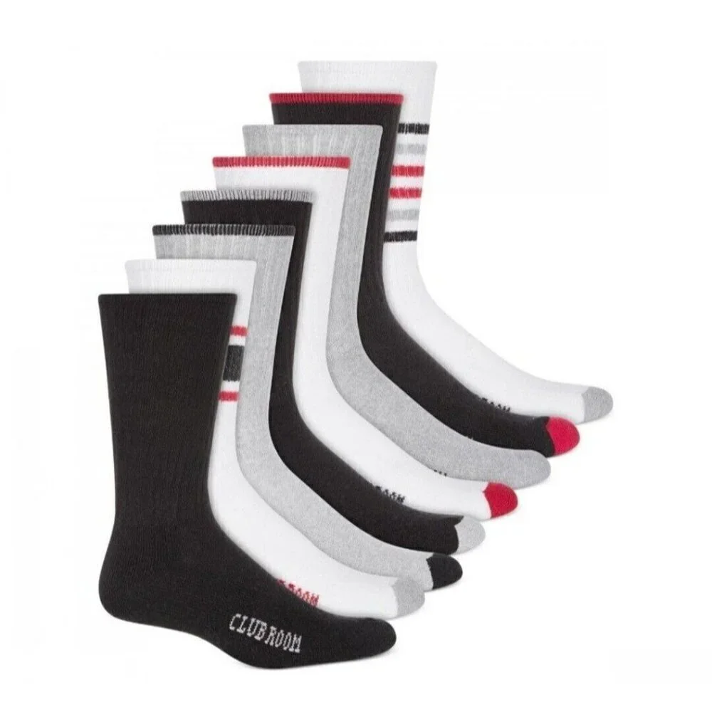 Men's Club Room Crew Striped Socks 8-Pack Pairs Red/Black/Gray 10-13. NWT $40.